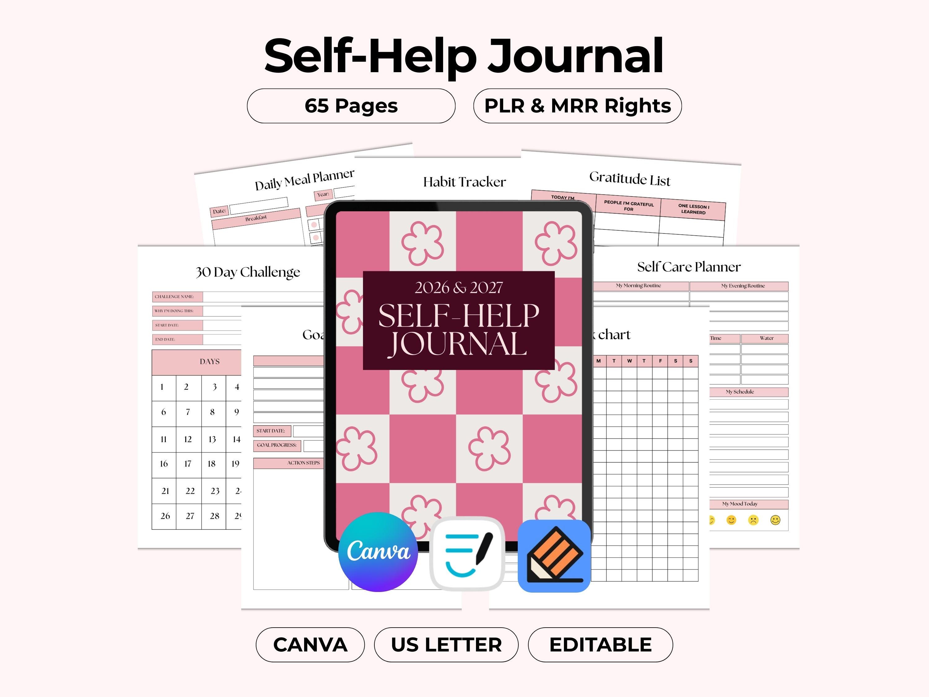 Self-Help Mindset Growth Journal, Mindfulness Care Simple Planner, Canva Editable Template, PLR MRR Resell US Letter Printable Worksheets
