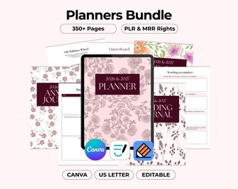 Paquete de planificador PLR MRR, kit de tienda minimalista simple, plantilla editable de Canva (carta de EE. UU.), lectura, ansiedad, presupuesto, autocuidado y diarios anuales.
