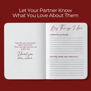 May include: Open notebook with the text "Let Your Partner Know What You Love About Them." The left page has a quote, and the right page has prompts to write about admiration and respect. The background is a deep red.