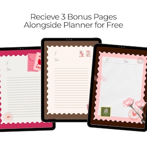 May include: Three digital planners displayed on tablets, each featuring a letter design with decorative borders. The text "Recieve 3 Bonus Pages Alongside Planner for Free" is at the top. The planners have lined pages and floral accents.