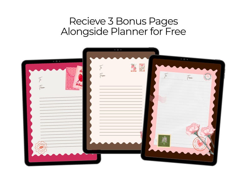 May include: Three digital planners displayed on tablets, each featuring a letter design with decorative borders. The text "Recieve 3 Bonus Pages Alongside Planner for Free" is at the top. The planners have lined pages and floral accents.