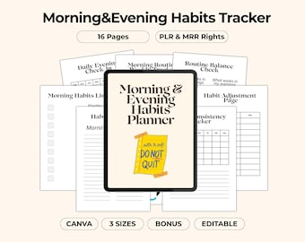Rastreador de hábitos PLR MRR, Diario matutino y vespertino, Plantilla editable de Canva, Planificador de reventa, Descarga en PDF