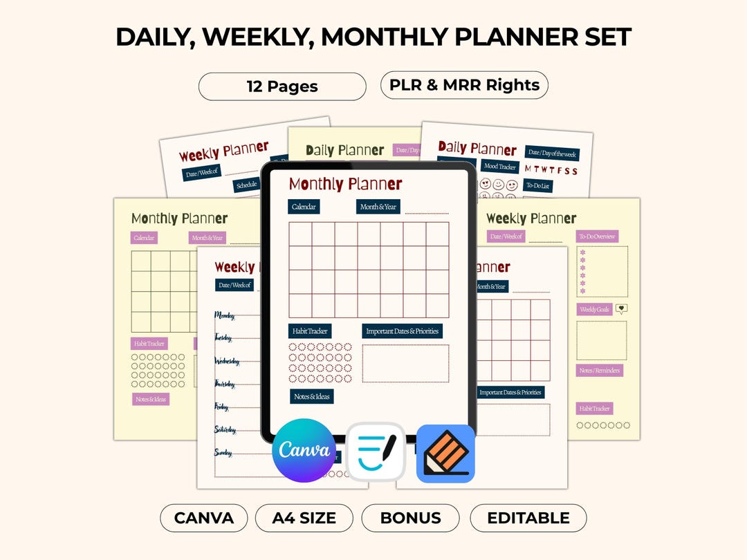 Daily Weekly Monthly Planner Set, Canva Editable Journal Pages ...
