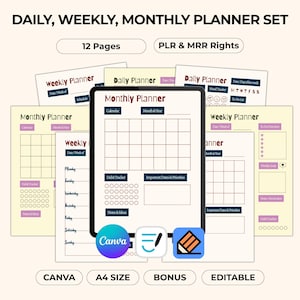 Daily Weekly Monthly Planner Set, Canva Editable Journal Pages, Printable Simple PDF A4 Template, PLR MRR Resell, Goodnotes iPad Android