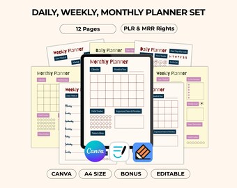 Planificador diario, semanal y mensual, páginas de diario editables en Canva, plantilla imprimible en PDF A4, reventa con PLR y MRR, Goodnotes para iPad y Android.