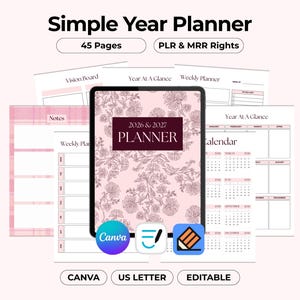 2026 Simple Year Planner, Minimalist Aesthetic 2027 Journal Undated, Canva Editable Printable US Letter, PLR MRR Resell, Goodnotes Pages