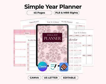 Planificador anual simple 2026, diario minimalista 2027 sin fecha, formato carta estadounidense editable e imprimible de Canva, reventa PLR MRR, páginas de Goodnotes
