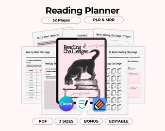 Planificador de retos de lectura, diario con estética de ratón de biblioteca, cuaderno de ejercicios editable e imprimible de Canva, página para colorear de audiolibro y ebook de estantería, PLR MRR