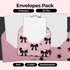 Puede incluir: Paquete de sobres rosas con 8 diseños y 32 archivos. Los sobres tienen un exterior rosa con patrones de estrellas negras y un interior esponjoso con lazos negros. Incluye archivos PNG en 2 tamaños, transparentes.