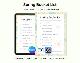 Lista de deseos imprimible de primavera en verde pastel, plantilla de Canva editable de temporada, hoja de trabajo floral minimalista, derechos de reventa PLR y MRR (PDF)