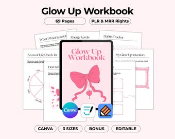 Cuaderno de ejercicios Glow Up, ejercicios para el diario de amor propio y crecimiento, planificador digital Coquette, plantilla editable e imprimible de Canva, PLR MRR Resell