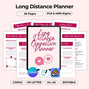 May include: A digital long-distance connection planner with 26 pages, displayed on a tablet. The planner includes sections for weekly reflections, video call questions, and more. The design features pink and white accents, with the text "Long Distance Connection Planner".