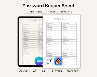 Gestor de contraseñas, plantilla para agenda, página imprimible editable en Canva, estética minimalista sencilla, PDF para reventa con derechos de reventa (PLR/MRR)