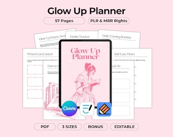 Planificador Glow Up Coquette, diario de crecimiento, amor propio y cuidado personal, plantilla imprimible editable de Canva, páginas de libro de trabajo digital PLR MRR Resell