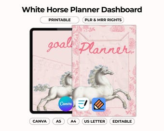 Portada de agenda con diseño de caballo blanco, imprimible y editable, plantilla de secciones para Canva Pages, separador, PDF de reventa con derechos de reventa (PLR/MRR)