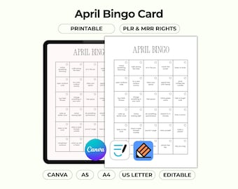 Tarjeta de bingo en tonos pastel imprimible de abril, plantilla elegante y editable de Canva para la temporada, hoja de trabajo con estética minimalista, PDF con derechos de reventa PLR y MRR.