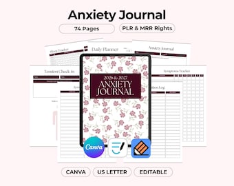 Diario de apoyo para la ansiedad y el estrés, Planificador minimalista para calmar la mente, Hojas de trabajo sencillas de salud mental, Canva editable e imprimible, PLR MRR