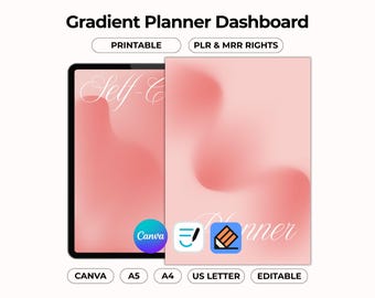 Portada de agenda con degradado rosa, panel imprimible y editable para diario, plantilla de secciones para Canva Pages, separador, PDF de reventa con derechos de reventa (PLR/MRR)