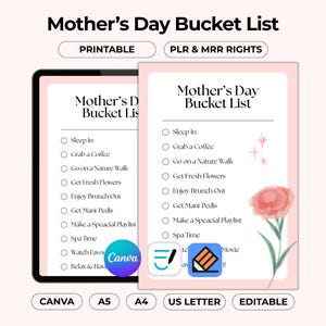May include: A digital Mother's Day Bucket List displayed on a tablet and a printed page. The list includes activities like 'Sleep In' and 'Enjoy Brunch Out'. The design is light pink with a floral illustration and the text 'Mother's Day Bucket List'.