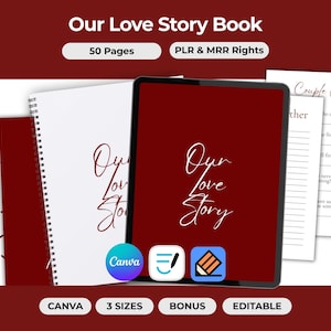 Op de afbeelding: Een verzameling notitieboeken en een tablet met de tekst "Our Love Story" in een scriptlettertype. De afbeelding bevat de tekst "50 Pagina's", "PLR & MRR Rights", "Canva", "3 Maten", "Bonus" en "Bewerkbaar". Een "Couple Quiz" pagina is ook zichtbaar.