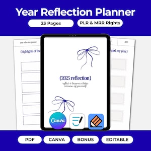 Planificador de reflexión anual, derechos de reventa PLR MRR, plantilla editable de Canva, páginas imprimibles minimalistas