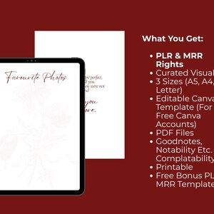 May include: A digital tablet displaying the words "Favourite Photos" in a script font, with a floral design. A white sheet of paper is next to the tablet. The image is set against a dark red background with a list of features.