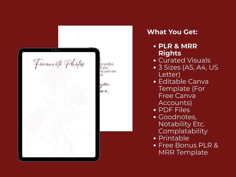 May include: A digital tablet displaying the words "Favourite Photos" in a script font, with a floral design. A white sheet of paper is next to the tablet. The image is set against a dark red background with a list of features.