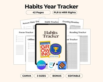 Rastreador de hábitos PLR MRR, Diario minimalista anual, Hoja de trabajo de desafío simple, Plantilla editable de Canva, Planificador de reventa, Descarga instantánea en PDF