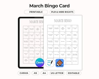 Tarjeta de bingo pastel imprimible de marzo, plantilla elegante y editable de Canva para la temporada, hoja de trabajo con estética minimalista, PDF con derechos de reventa PLR y MRR