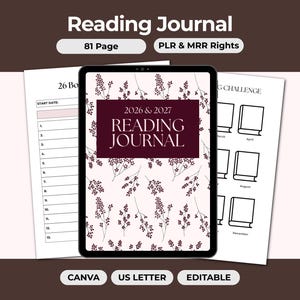 Reading Journal Planner PLR MRR, Book Tracker, Editable Canva Template with Resell Rights