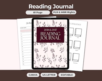 Planificador de diario de lectura PLR MRR, rastreador de libros, plantilla editable de Canva con derechos de reventa