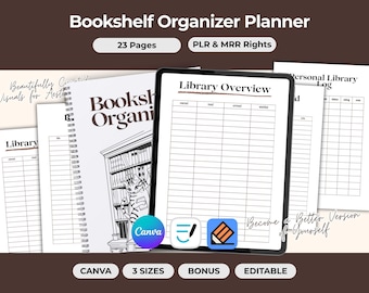Planificador de diario de estantería PLR MRR, rastreador y organizador de libros, plantilla editable de Canva con derechos de reventa
