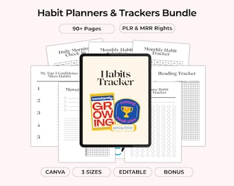 Planificador de hábitos PLR MRR, desafío mensual y anual, kit de planificador minimalista definitivo, plantilla de Canva, derechos de reventa, PDF imprimible