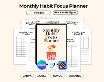 Planificador semanal y mensual de hábitos, páginas de diario minimalistas, plantilla editable sencilla de Canva, imprimible en formato A4, A5, tamaño carta (PDF), Plr Mrr