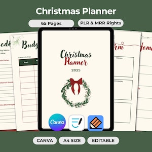 Planificador navideño PLR MRR, cuaderno festivo, editable en Canva (PDF A4 imprimible)