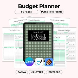 Planner di budget stampabile, entrate e uscite mensili annuali, strumento di monitoraggio delle bollette per il risparmio sui debiti, diario modificabile Canva, modello di rivendita PLR MRR