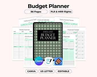 Planificador de presupuesto imprimible, ingresos y gastos mensuales anuales, registro de facturas para ahorrar deudas, diario editable en Canva, plantilla de reventa PLR MRR