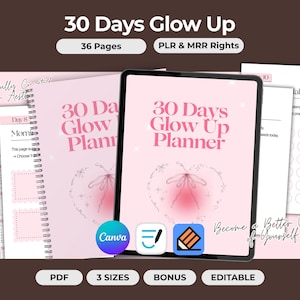 Planificador de 30 días para mejorar tu bienestar (PLR, MRR, hábitos y reflexión), plantilla editable de Canva, derechos de reventa