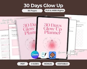 Planificador de 30 días para mejorar tu bienestar (PLR, MRR, hábitos y reflexión), plantilla editable de Canva, derechos de reventa