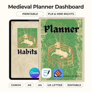 Könnte beinhalten: Digitales Planer-Dashboard mit mittelalterlichem Thema. Das Design zeigt ein Einhorn in einem Holzzaun, vor einem grünen und beigen Hintergrund. Das Wort „Planner“ wird in schwarzer, gotischer Schrift angezeigt. Das Wort „Habits“ wird ebenfalls angezeigt. Das Bild enthält die Wörter „PRINTABLE“ und „EDITABLE“.