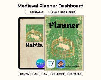Portada de agenda vintage medieval, diario imprimible y panel editable, plantilla de secciones de Canva Pages, separador, PDF de reventa PLR MRR