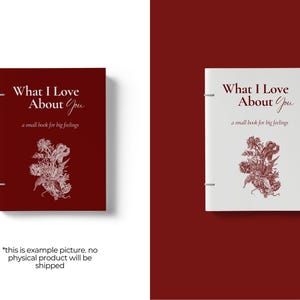 May include: Two books, one burgundy and one white, with the title "What I Love About You" and floral illustrations. The text "a small book for big feelings" is also present. The phrase "this is example picture. no physical product will be shipped" is at the bottom.