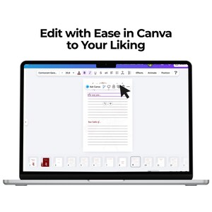 May include: A laptop displays a Canva interface with a document open for editing. The screen shows a document with lines and text fields. The text "Edit with Ease in Canva to Your Liking" is at the top.