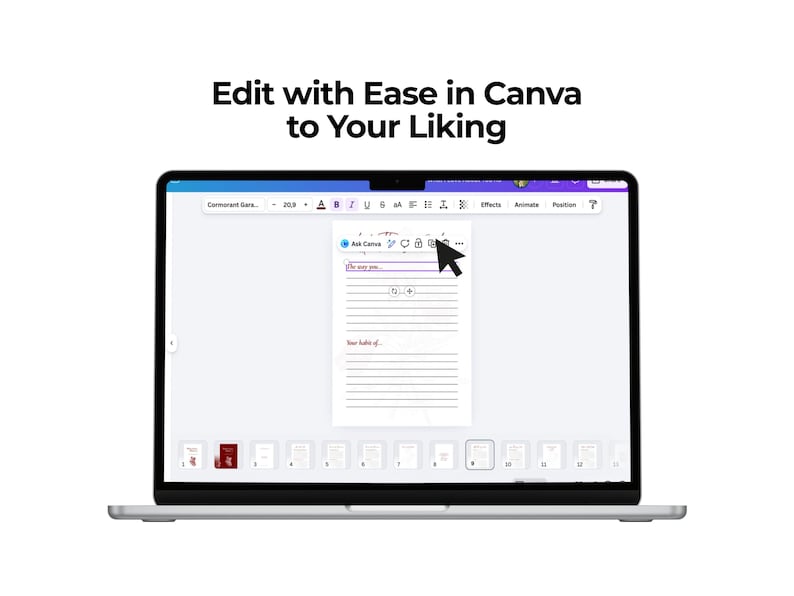 May include: A laptop displays a Canva interface with a document open for editing. The screen shows a document with lines and text fields. The text "Edit with Ease in Canva to Your Liking" is at the top.