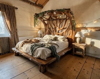 Estructura de cama de madera maciza hecha a mano: Muebles de dormitorio rústicos y orgánicos (tamaño Queen/King)