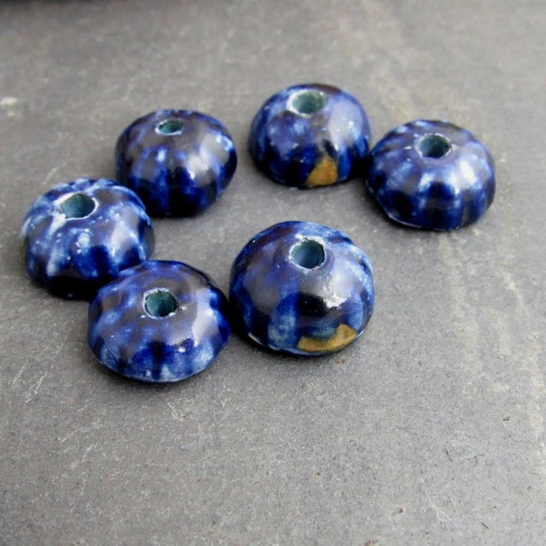 6 Small Dark Blue Brown Half-round Ceramic Flower Beads