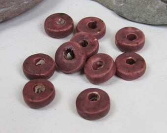 10 Small Matte Damson Purple Glazed Ceramic Washer Beads