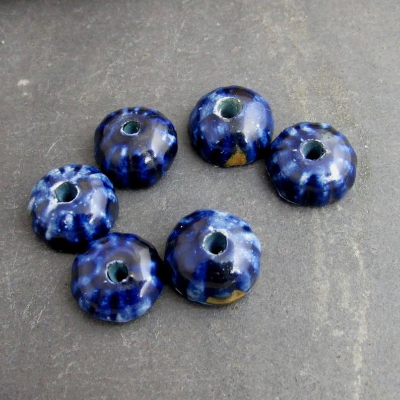6 Small Dark Blue Brown Half-round Ceramic Flower Beads