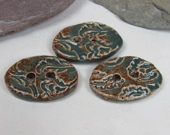 3 Medium Oval Sedge Green Brocade Pattern Ceramic Buttons