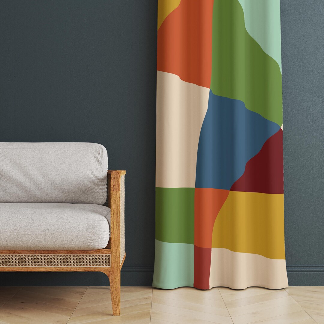 70s Retro Color Block Curtain Panel: Geometric Room Darkening Drapery ...